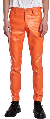 Men PU Faux Leather Trousers Slim Fit Fake Leather Wet Look Pants Orange 38