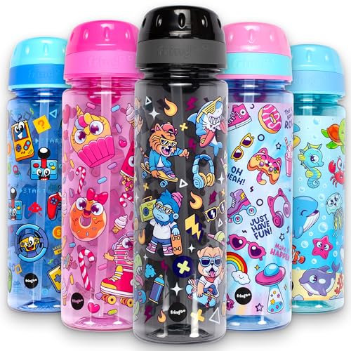 Fringoo Wasserflasche für die Schule, für Kinder, 650 ml, Trinkflasche mit Strohhalm und Tragegriff, 100% auslaufsicher, BPA-frei, Schulwasserflasche für Jungen, sehr langlebig