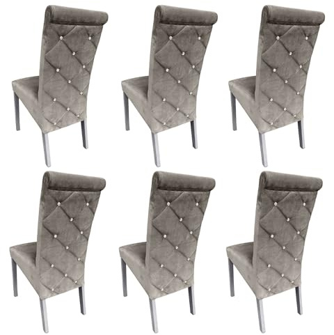 Ares Meble Esszimmerstühle 6er Set K6 - Dining Chair - Esszimmerstuhl Holz - Küchenstühle, Wohnzimmer Stühle - Polsterstuhl Esszimmer - Essen Stuhl. Esstisch Stühle - Samt Grau - Weiß