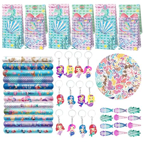 98 piezas de sirena para fiestas de cumpleaños infantiles, decoración de cumpleaños de sirena, con 12 bolsas de regalo, 12 pulseras, 12 llaveros, 12 pinzas para el pelo, 50 pegatinas de cambio de cara