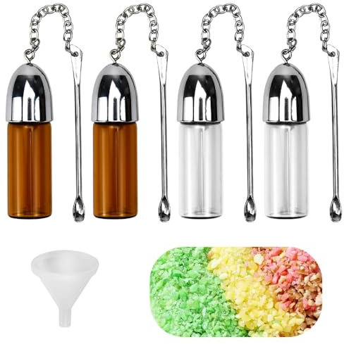 KITERI 4 Pcs Portable Spice Powder Tool Storage Bottles with Metal Spoon, Glass Snuff Bottles, Small Storage Bottle with Mini Funnel for Traveling, Outdoors, Camping, 2 Colors