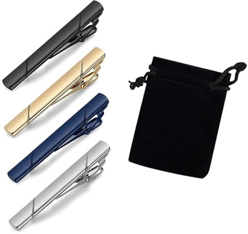 TRKETK 4 Pièces Pinces à Cravate pour Homme Style Long avec 1 Pince à Cravate Sac de Rangement Pince à Cravate Tendance Pince à Cravate Cuivre Épingles à Cravate pour Fête de Mariage Affaires