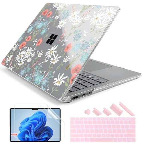 Batianda Premium Laptop Case for 15 Microsoft Surface Laptop 5 4 3 with Metal Palm Rest Designed Clear Protective Plastic Hardshell & Keyboard Cover & Screen Protector, Colorful Daisy