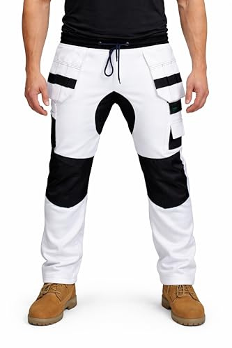 HASHOOB TRADING FZE Mens Painter White Work Trousers Fleece Decorators Cargo Safety Combat Trousers Pants (Two-White, L)