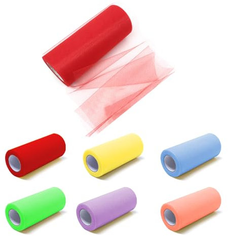 Rebanky 6 Rollen Tüll Meterware Bunt Tüllstoff Set mit Rot Mehrfarbig 15cm x 23M für Hochzeitsdeko, Partydekoration, Geschenkverpackungen, DIY Bastelprojekte