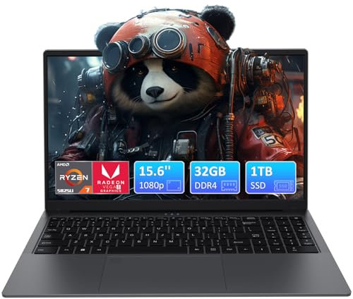 Auusda Gaming Laptop, 32GB DDR4 RAM 1TB SSD, AMD Ryzen7 5825U CPU(4.5 GHz) 15.6 Zoll Full HD Notebook, Fingerprint Reader, Privacy Shutter, Mini HDMI, USB-C, Webcam, Student/Business Laptop