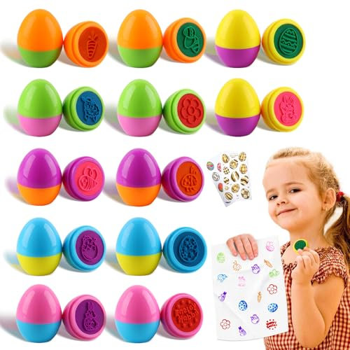 SilverChry kind 12 Stück Ostergeschenke, 2 Osteraufkleber, Enthalten, Mini Stempel, Bastelset Ostern, Eierstempel, Schatzsuche