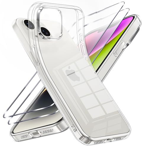 Viojrlra Coque pour iPhone 14 Plus avec 2 Pièces Verre Trempé, Transparente Anti-Jaunissement Souple TPU Silicone Étui, Antichoc Anti-Rayures Protection Case pour iPhone 14 Plus