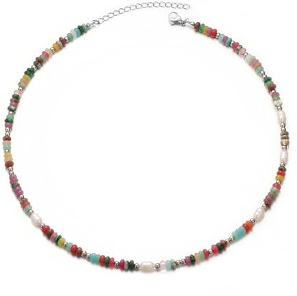 Aleasha Bunte Perlenkette Damen Boho Steine Kette süßwasserperlen Strand Halskette Edelstahl Silber Handgefertigte Schmuck 38+5cm