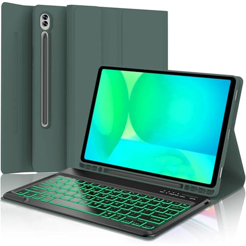 Tastaturhülle für Samsung Galaxy Tab S10 FE 10,9 Zoll, S7/S8/S9/S9 FE 11 Zoll Smart Backlit Case Tastatur mit Stifthalter (Grün)