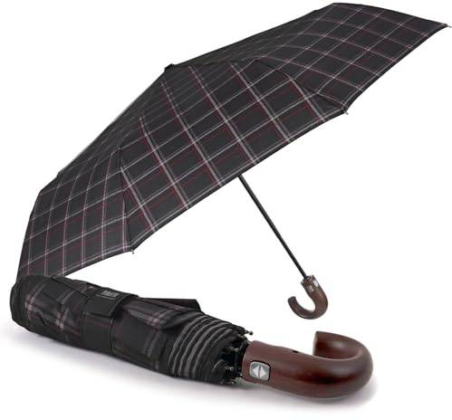 PERLETTI Paraguas Antiviento Hombre Plegable Abre y Cierra Automático - Paraguas Compacto Mango Curvado Madera Estampado Escocés - Resistente Ligero - Diámetro 104 cm (Tartán Negro y Rojo)