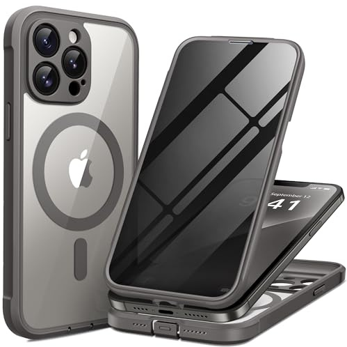 BERFY for iPhone 12 Pro Max Case, Compatible with Magsafe, Gray | Built-in Privacy Screen Protector, Full Camera Protection, Shockproof Full Body Magnetic Clear Phone Case 6.7