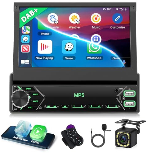 Motorsi CarPlay Android Auto 1Din Radio Coche, Pantalla Coche Táctil 7 Pulgadas Autoradio, Radio Auto Soporte Bluetooth/MirrorLink/FM/USB/AUX/Type-C/Remote Control/7 Color Backlight+Cámara Trasera