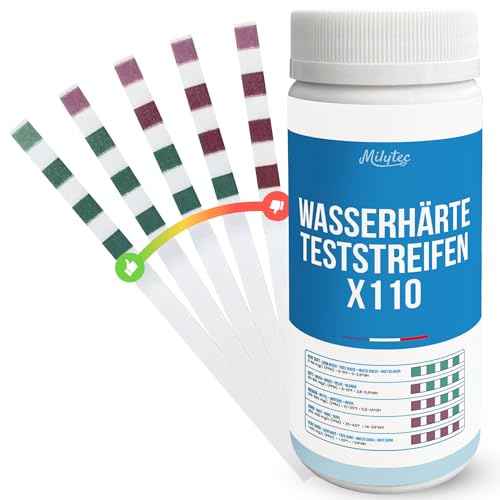 MILYTEC 110 Teststreifen zur Wasserhärtebestimmung – Trinkwasser-TH-Testkit – Kalkhärte-Test für Enthärter, Aquarium, Pool – Einfache Messung mit präzisen Streifen – °f (FR), °dH (DE), ppm