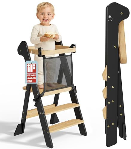 COSYLAND Lernturm ab 1 Jahr klappbar – iF Design Award Gewinner, höhenverstellbarer Lernturm mit Sicherheitsnetz, Montessori Learning Tower/Lernstuhl für Kinder, Foldi (Schwarz & Natur)