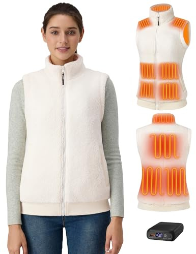 Topdot Polaire Gilet Chauffant Femme Avec Batterie 16000 mAh Incluse,10 Zones de Veste Chauffante,Gilet Chauffant Electrique Avec 3 TempéRatures RéGlables Pour Le Travail En ExtéRieur,Ski,Beige,L