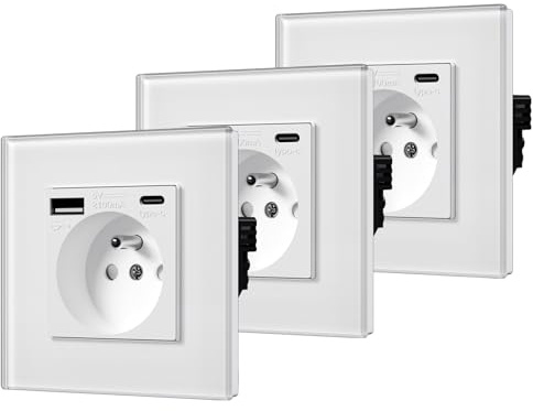 BSEED Prise Murale avec USB et Type C 3 Paquets, Prise de courant en Verre avec USB 2.1A courant 16 Amp 240V 86mm Blanc