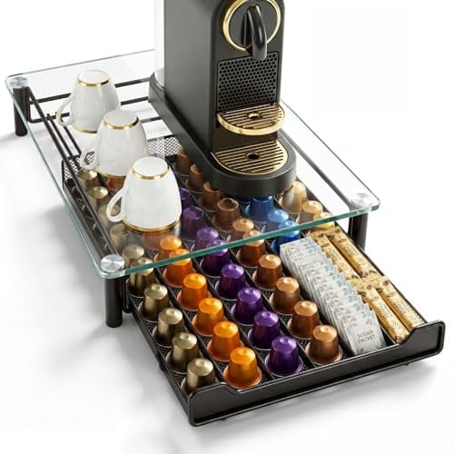Zvonema Transparenter Kapselhalter Passend für Nespresso Kapsel, Schubladenbox für 60 Kaffeekapseln, Kaffeekapseln Aufbewahrung Glas & Metall, Fließender Auszieh-Design, Robuste Kapselmaschine Ständer