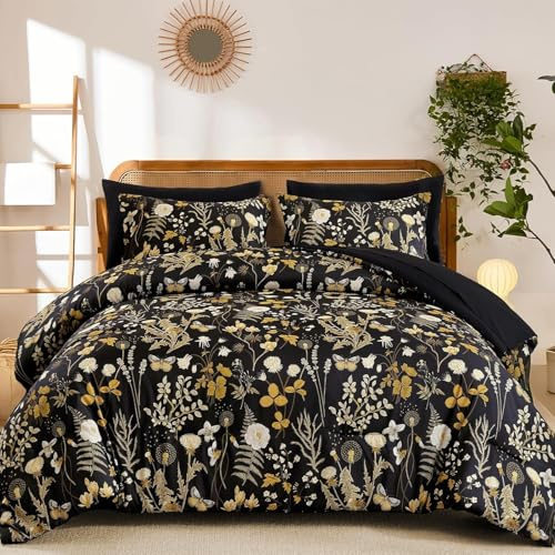 Lanqinglv Bettwäsche 135x200 cm Schwarz Gelb Blumen Blätter Wendebettwäsche Pflanzen Bettbezug mit Reißverschluss und 1 Kissenbezug 80x80,ÖkoTex Bettwäsche für Allergiker Geeignet