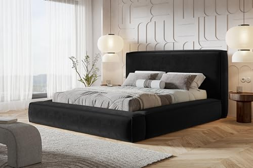 AlpiMeble Bett 140x200 - Polsterbett mit Bettkasten und Holzrahmen - Modern Bett - Eleganter Amor-Velvet-Stoff - Kollektion Luna Maxi - Schwarz