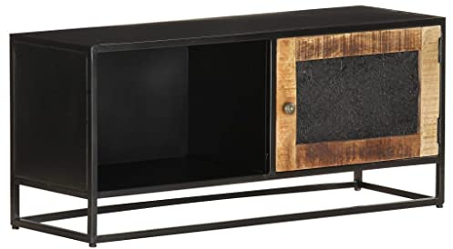 XHNIFBN TV Lowboard 90x30x40 cm aus robustem Mangoholz mit Eisenrahmen, handgeschnitzte Tür, Industrial Look, Stauraum & Deko Ablage, platzsparendes Fernsehtisch fürs Wohnzimmer