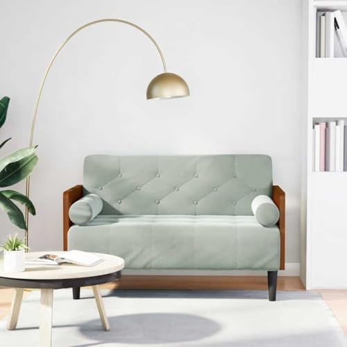 Wynira Zweisitzer-Sofa mit Nackenrollen Hellgrau Samtstoff 110 cm Sitzbreite Wohnzimmer Couch modernes platzsparendes Mehrzwecksofa mit Feder-Schaumstoff Polsterung und stabilem Sperrholzrahmen