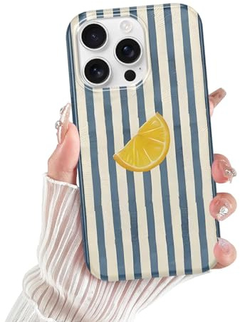 Xylota Cover per iPhone 16 Pro, Estivi Righe Striped Disegni Aesthetic Collage Limone Custodia, Sottile Silicone Morbida TPU Antiurto Antigraffio Protettiva Case per iPhone 16 Pro, Blu Stripes