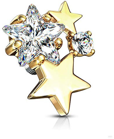 Paula & Fritz® Aufsatz-Dermal Anchor Zirkonia Sterne Gold-klar 316L Chirurgenstahl Gewinde 1,6-mm Haut-Anker Skin Diver Implantat Bodypiercing