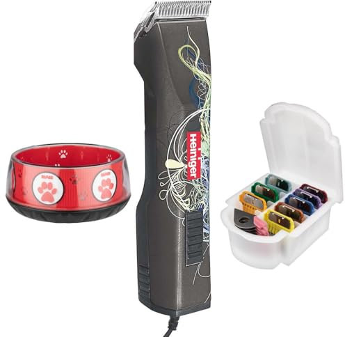 HEINIGER Saphir Cord Kabel-Hundeschermaschine mit Scherkopf Size 10 (1,5 mm), + neunteiligem Aufsteckkammset + Hundenapf
