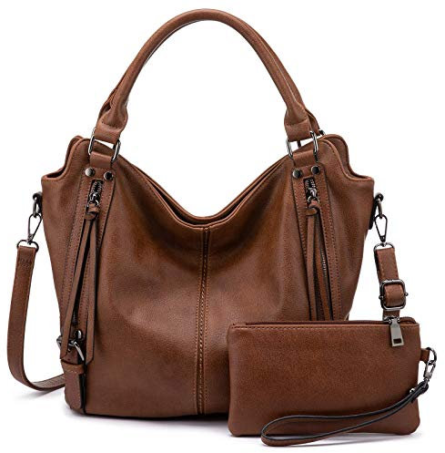 Realer Damen Handtaschen Mittel Shopper Lederhandtasche Schultertasche Umhängetasche Geldbörse Hobo Damen Taschen Set für Büro Schule Einkauf Reise 2pcs Braun
