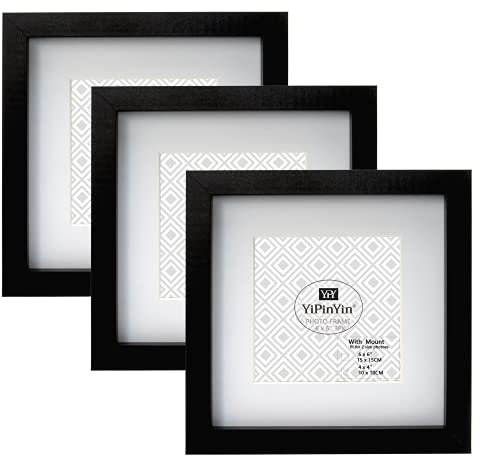 Bilderrahmen, quadratisch, 15 x 15 cm, mit Passepartout für 10 x 10 cm, für Wand- und Schreibtischplatte, Schwarz, 3 Stück