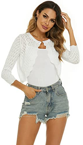 Ietaoo Damen Bolerojacke Festlich 3/4 Arm Blazer Schulterjacke Open Front Weiche Bolero Jäckchen Elegante Jacke mit Knopf Weiß XL