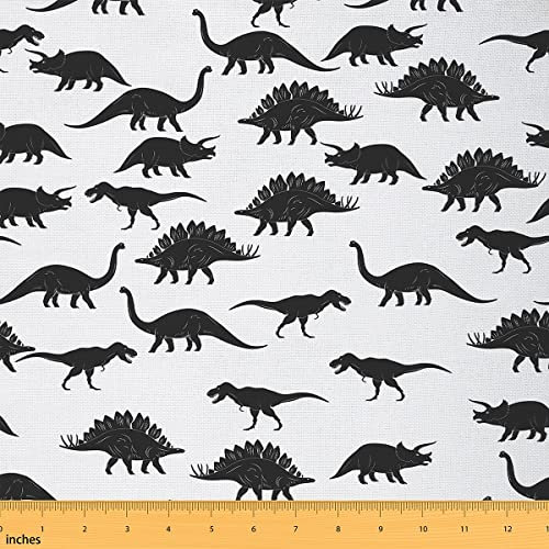 Dinosaurier Polsterstoff Dino Silhouetten Stoff Meterware Safari Wildlife Tiere Dekostoff Schwarz Weiß Wasserdichter Steppstoff für Kinder Teenager Jungen Cartoon Nähstoff 92 x 150 (HxB)