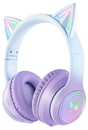 AJIJAR Bluetooth-Katzenohr-Kopfhörer Für Kinder, Faltbarer Kopfhörer Im Kabellosen Und Kabelgebundenen Modus, Mit Mikrofon, RGB-Licht (Violett)