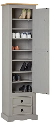 IDIMEX Schuhschrank Tequila aus massiver Kiefer in grau/braun, schönes Schuhregal mit 2 Schubladen, praktische Schuhablage mit 8 Fächer, Zeitloser Kleiderschrank mit schwarzen Zierbeschläge