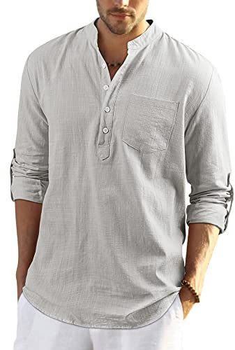 Enlision Leinenhemd Herren Langarm Leichtes Grau Henley Sommerhemd für Männer Baumwolle Kragenloses Hemd für Geschäft XXL