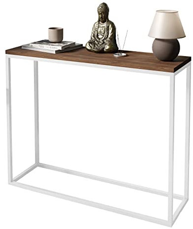 lukmebel Moderner Universal-Konsolentisch für Flur Wohnzimmer Schlafzimmer Industriestil Design laminierte Platte Platte Plus Stahlrahmen Schutzkante 30x100x80cm Weiß/Eiche Stirling