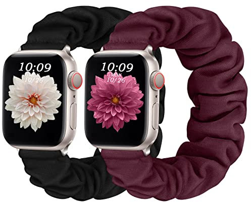 CeMiKa 2pack Cinturini Compatibile con Cinturino Apple Watch 38mm 40mm 41mm, Scrunchie Fascia Elastica Ricambio Regolabile per Cinturino iWatch Serie 9 8 7 6 5 4 3 2 1 SE, Nero/Rosso Vino