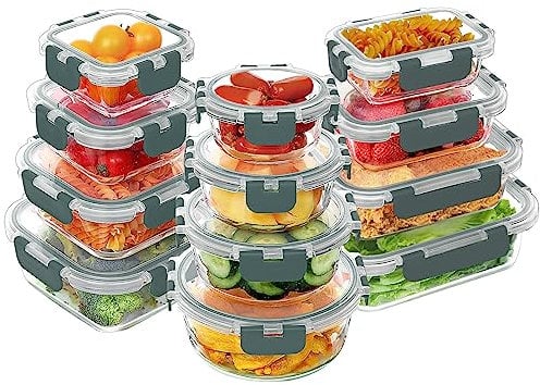 VERONES 24 Stück Crisper Set, Luftdichte Glas-Lunchboxen, Stapelbar Mit Deckel, Gefrier- und Spülmaschinenfest, Grau