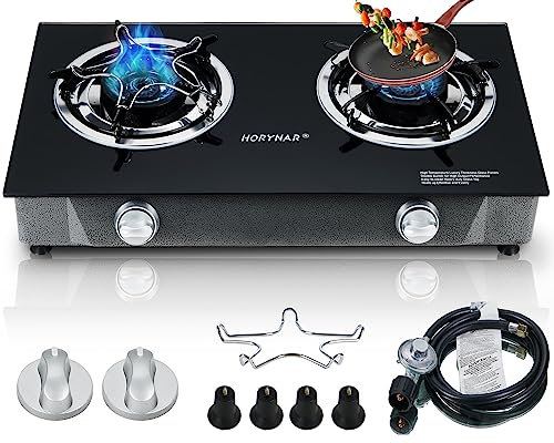 Horynar Réchaud à propane à 2 brûleurs, réchaud à gaz propane, allumage automatique, réchaud à gaz portable 26 000 BTU brûleurs au propane GPL avec tuyau CSA pour la cuisine en plein air