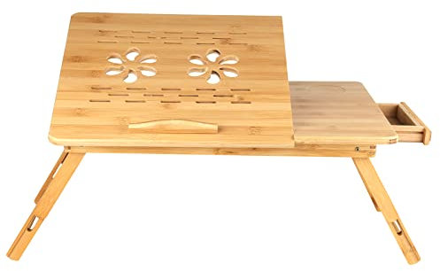 Vassoio regolabile per computer portatile da letto Lapdesk in bambù, tavolo da computer portatile pieghevole portatile con cassetti e fori di raffreddamento, divano letto vassoio(66 x 35 x 30 cm)