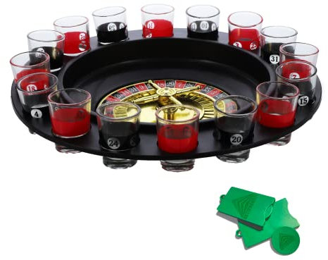 AKTIVHANDEL Roulette Trinkspiel, 7 x 30 x 30 cm, mit Drehrad, 16 Schnapsgläsern und Kugeln, Saufspiel, Partyspiel für Erwachsene inkl. Einkaufswagenchip