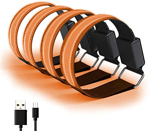 Keenso 4 Stück USB Wiederaufladbare Reflektierende LED-Armbänder, Verstellbare Sicherheits-Leuchtarmbänder für Outdoor-Sportarten, Laufen, Radfahren (Orange)