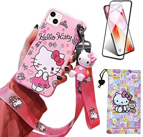 Ealievor Compatible with iPhone 15 Case with Screen Protector, Cartoon Cute Funny Kawaii Cat Kitty Animal Character Phone Case Silicone Lanyard 3D Cover Case for Kids Girls and Womens