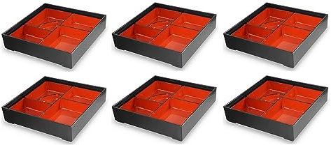 JapanBargain, Japanese Traditional Plastic Lacquered Lunch Bento Box for Restaurant or Home, Tray and Plate 2pc Set, Red and Black, 5 Compartments, 9.5 inchx9.5 inch, Made in Japan, Pack of 6