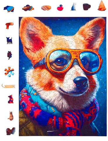 Milliwood Holzpuzzle - Colin Corgi Dog - 316 Teile - Puzzle Winter ab 10 Jahren - Mandala Puzzle für Erwachsene und Kinder - Jigsaw Puzzle aus Holz 27,5x37 cm - Puzzle Hund mit Holz Geschenkbox