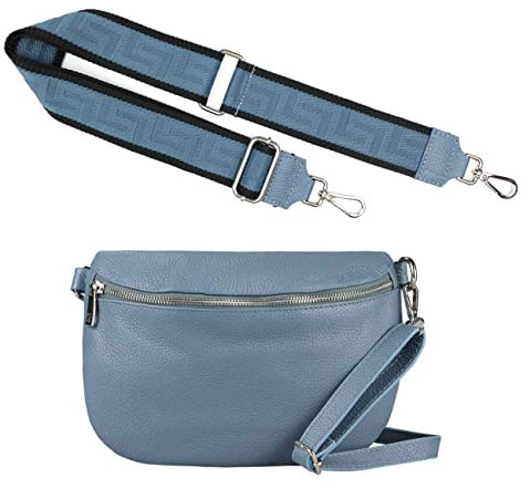 Made in Italy OBC Damen Set Gürteltasche + Schultergurt Leder Crossbody Hüfttasche Bauchtasche Umhängetasche Brusttasche Crossover Bodybag Schultertasche Handy Geldtasche Tasche Jeansblau S Gürtel