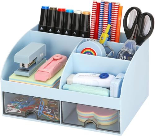 KAHEIGN Schreibtisch Organizer mit 6 Fächern und 2 Schubladen, 19x14cm Multifunktionaler Büro-Organizer Stiftehalter für Büro Schreibtisch oder Badezimmer Schminktisch als Make-up-Organizer