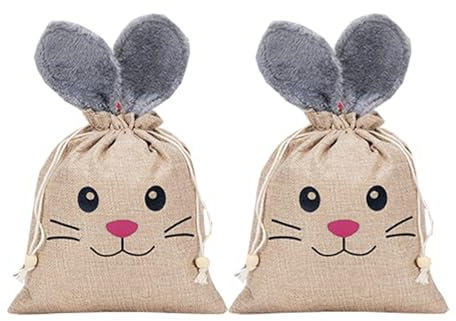 2 Stück Ostern Sackleinen Tasche, 26x20cm Tasche mit Hasenohren,Ostertüte zum Befüllen mit Kordelzug Tasche für Ostergeschenke Für Ostereier, Süßigkeiten, Geschenkverpackungen