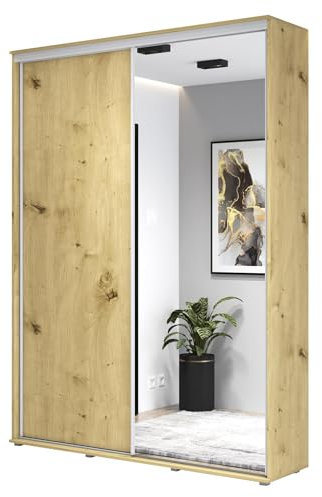 Meble Slupia - Garderobenschrank - Kleiderschrank mit Spiegel und Schiebetüren - 100x242x45 cm - Kleider Schrank Schlafzimmer mit Kleiderstange - ZUZA 01 Eiche Artisan, Griff
